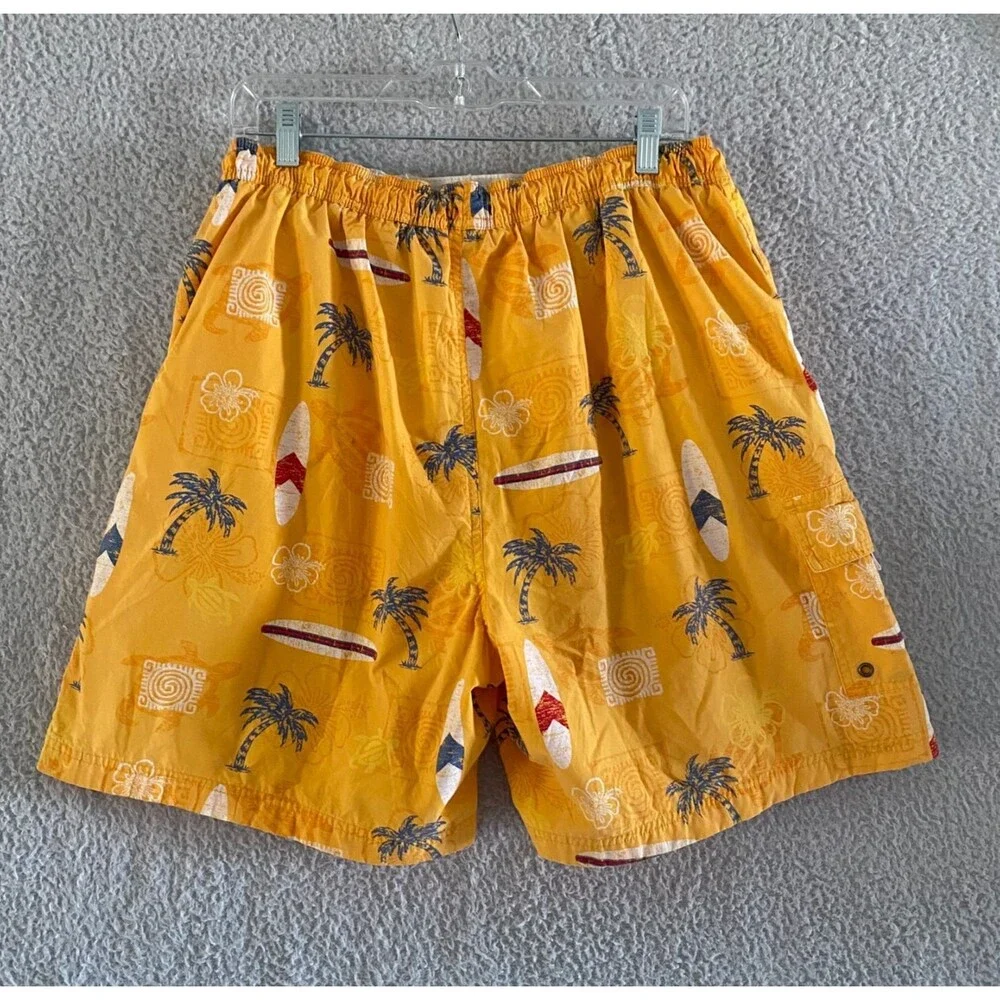 Roundtree & Yorke Swim Trunks Mens L Yellow Tropical Surf‎ Cargo Pockets